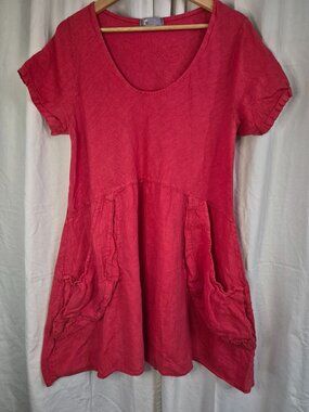 Tina Stephens Italy Red Large Lagenlook Beach Casual Comfort Linen Boho Mini Dre